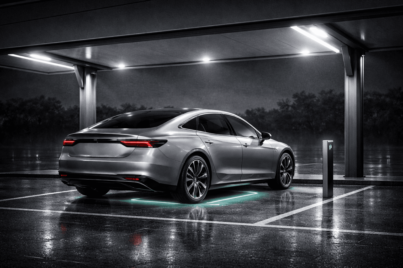 Wireless EV charging, car parked over glowing mint charging pad, no cables